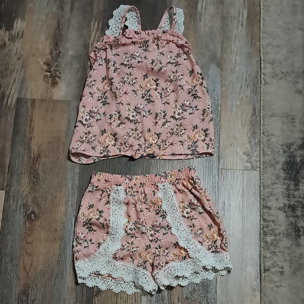 Floral Pink Lace Trim Pajama Set